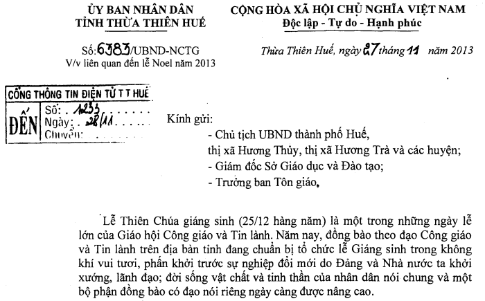 Công văn số 6383/UBND-NCTG ngày 27/11/2013 của UBND tỉnh Thừa Thiên Huế về việc liên quan đến Noel năm 2013