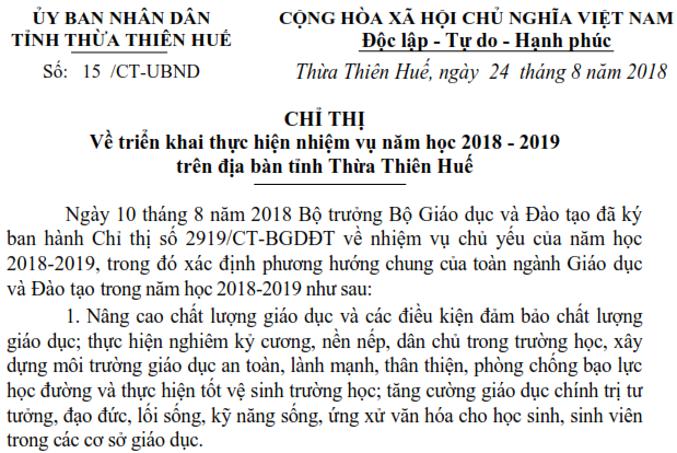 Triển khai thực hiện nhiệm vụ năm học 2018 - 2019 trên địa bàn tỉnh Thừa Thiên Huế