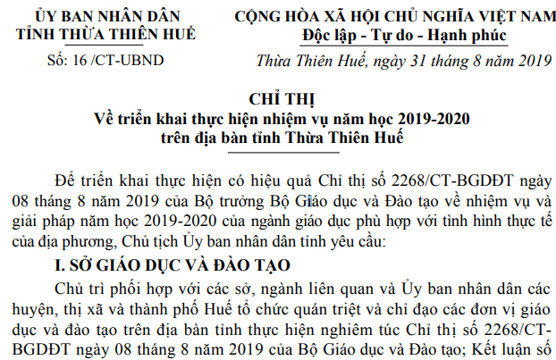 Chỉ thị số 16/CT-UBND ngày 31/8/2019 của UBND tỉnh về triển khai thực hiện nhiệm vụ năm học 2019-2020 trên địa bàn tỉnh Thừa Thiên Huế