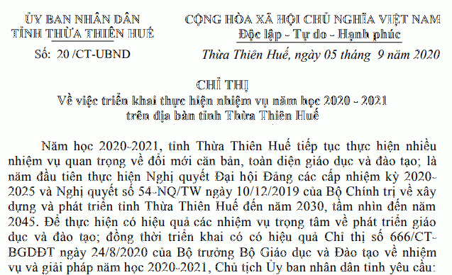 Chỉ thị sô 20 /CT-UBND ngày 5/9/2020 về việc triển khai thực hiện nhiệm vụ năm học 2020 - 2021 trên địa bàn tỉnh Thừa Thiên Huế