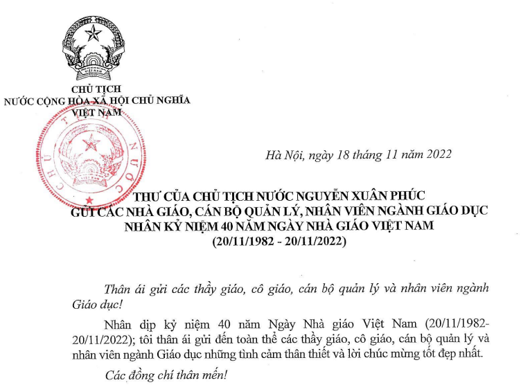 Thư của Chủ tịch nước Nguyễn Xuân Phúc gửi các nhà giáo, cán bộ quản lý, nhân viên ngành Giáo dục